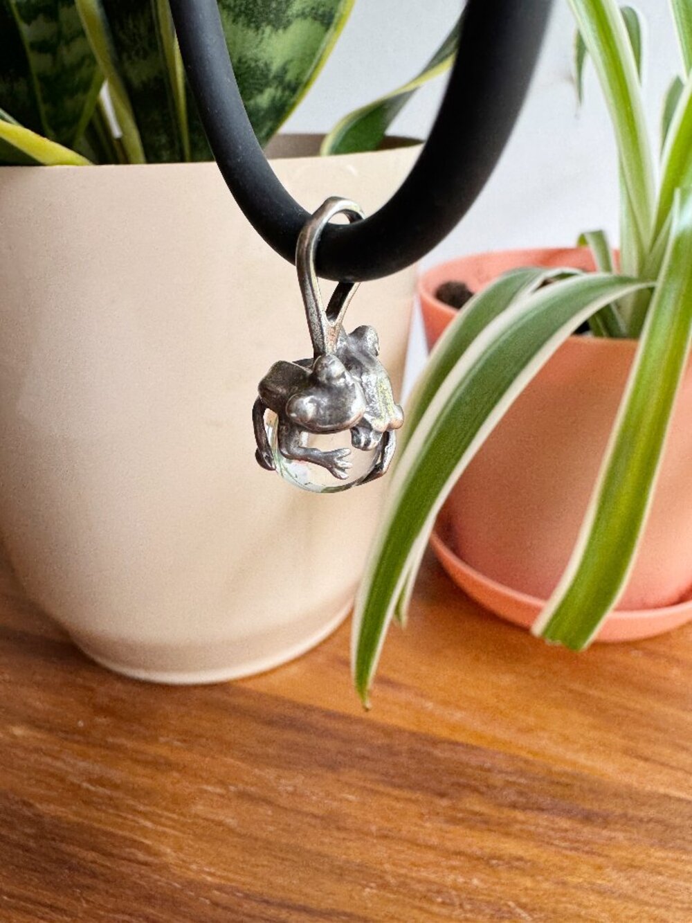 Silver Double Frogs Glass Ball Charm Pendant
